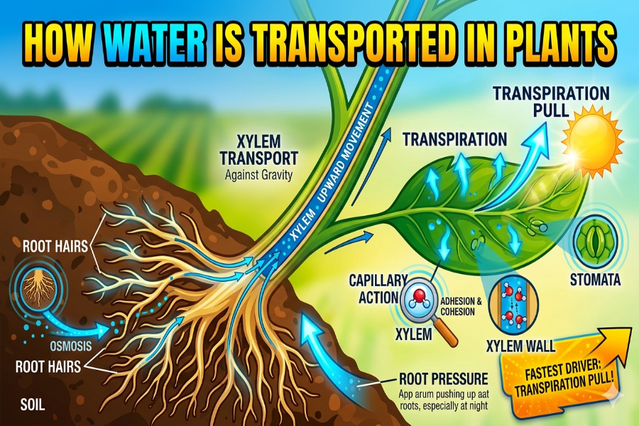 How water is taken up by plants and transported to the top parts ?
